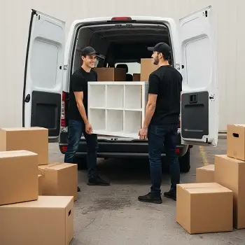 Empleados de mudanza cargando un mueble en un camión