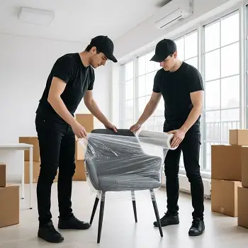 Empleados de empresa de mudanza embalando una silla