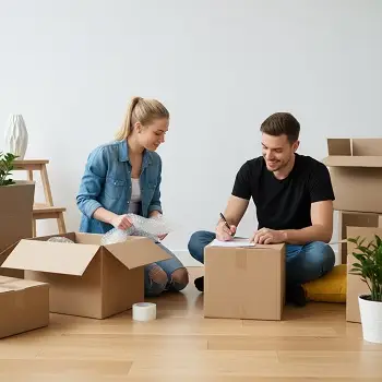 Pareja escribiendo sobre una caja