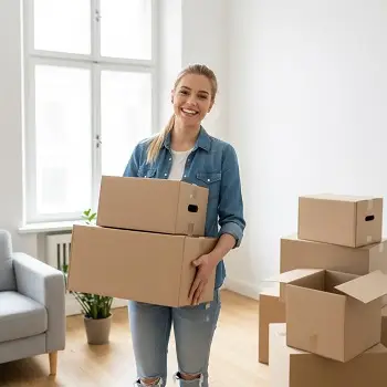Mujer cargando dos cajas mientras prepara una mudanza