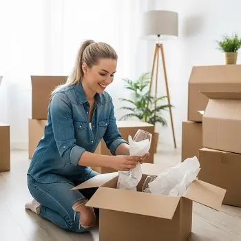 Mujer guardando copas en caja de mudanza