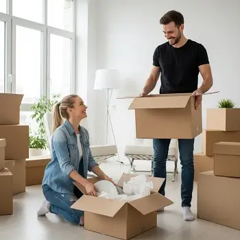 Pareja guardando la vajilla en cajas para mudanza