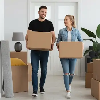 Pareja ingresando a su departamento con cajas de mudanza